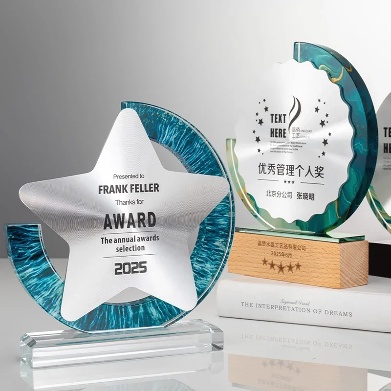Customized Medal Metal, Excellent Staff Competitions Rewards Honors Souvenirs Decor, High-end Color Printing Crystal Trophy, 1Pc