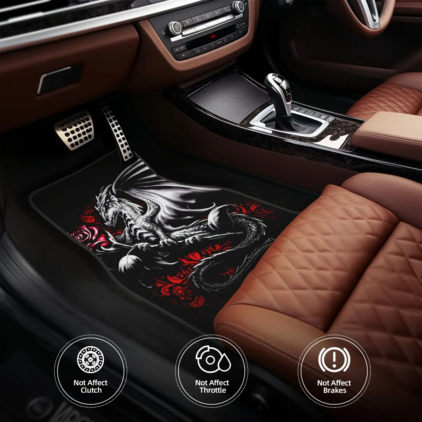 A 4pcs Set Of Dragon And Flower Themed Car Anti-Slip Mats, Made From High-Quality Materials, Featuring Excellent Light Resistanc