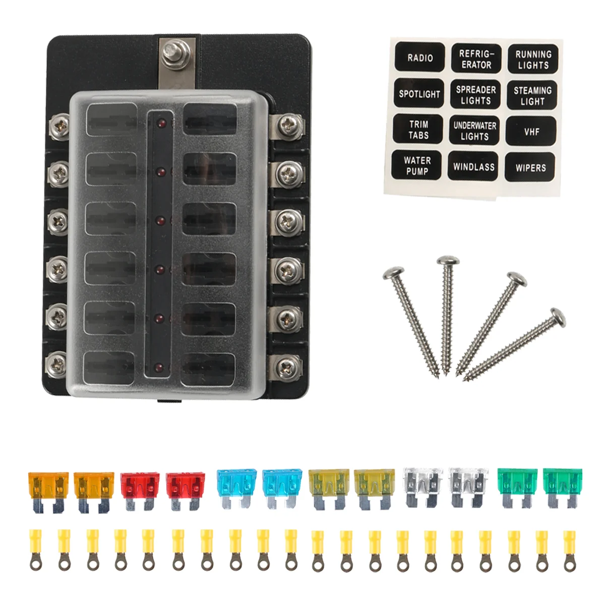 【 Combination 】12 way Fuse Box with light + Accessory Pack - Screw Terminal #1-7 Auto Blade Fuse Holder Box