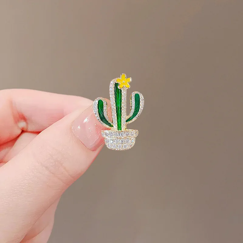 Lovely Delicate Cubic Zircon Small Cactus Basin Brooches for Women Girls Gold Color Barbary Fig Yellow Enamel  Flower Lapel Pins