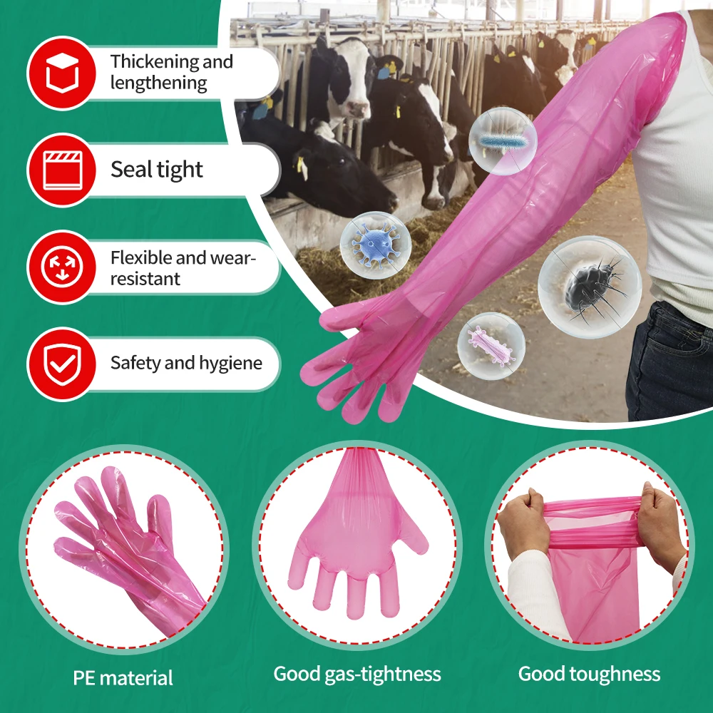50/100PCS Disposable Long Arm Glove Plastic Film Farm Cattle Sheep Glove Vet Plastic Glove Veterinary Examination Supplies