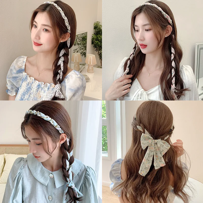 2021 Elegant Pearl Hair Bands for Woman Fashion Long Ribbon Bow Girls Head Bands Pearl Braid Headbands Women Hair Accessories