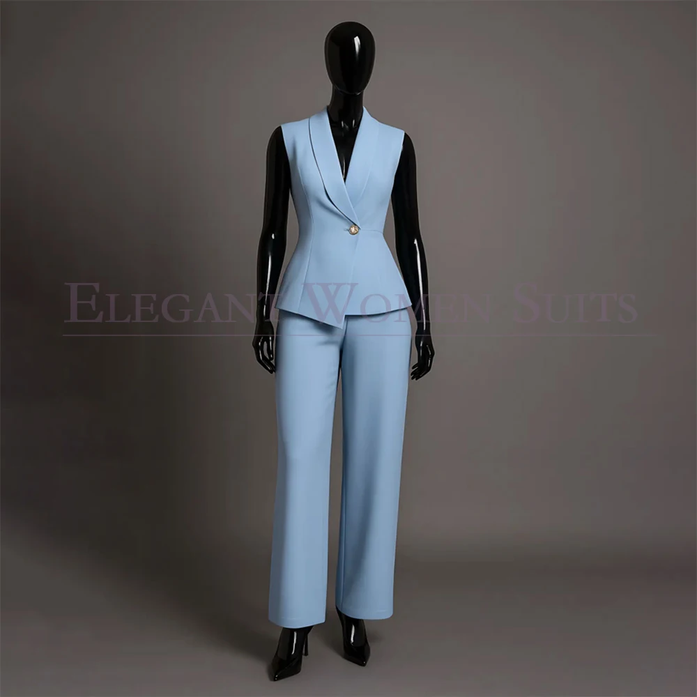

Simple Women's Summer Suits Clothing One-Button Shawl Lapel Slim Fit 2 Piece Blazer Pants Sets Elegant Sleeveless Jacket Terno