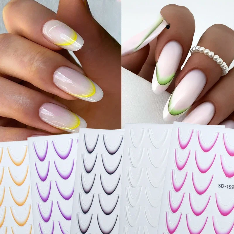 Neon Colorful French Line Tips Nail Tattoo Sticker Gradient Stripe Lines Transfer Stickers Bend Lines Nail Self-Adhesive Sticker