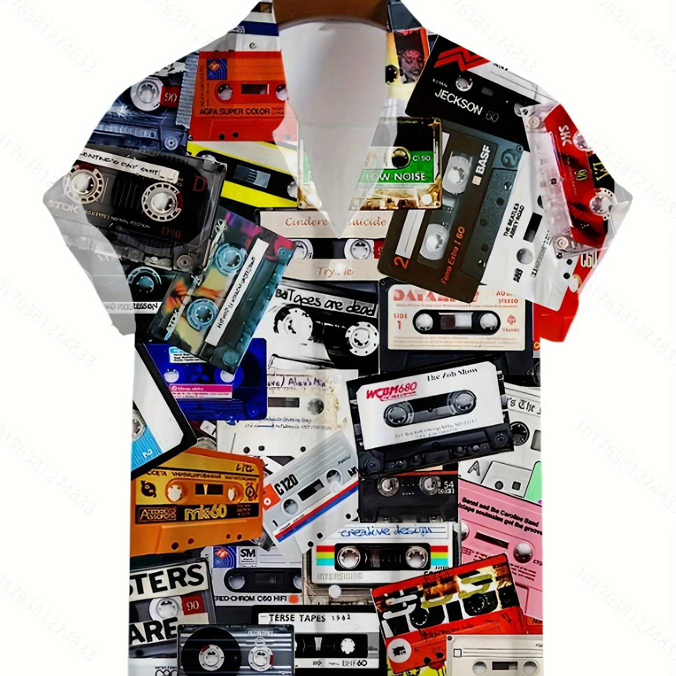 Men's 3D Retro Tape Graphic All Over Print Short Sleeve Lapel Shirt Tops, Casual Button Down Shirts for Summer Daily and Resort