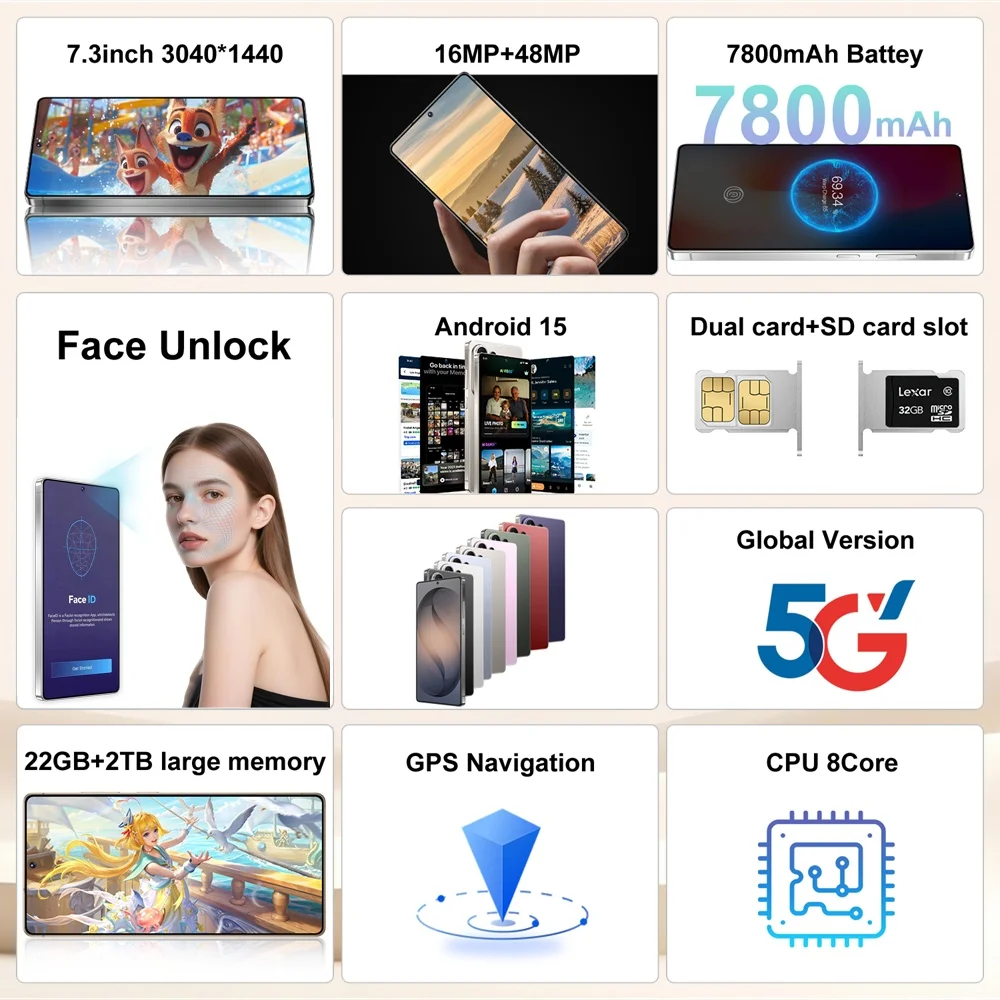 K-Touch Smartphone For C27 Ultra 7.3inch Full Display Cell Phone 7800mAh Battery Mobile Phones 48MP Camera 22GB+2TB Face ID Unlocked 5G Dual SIM Android 15 CellPhones with FM Radio GPS