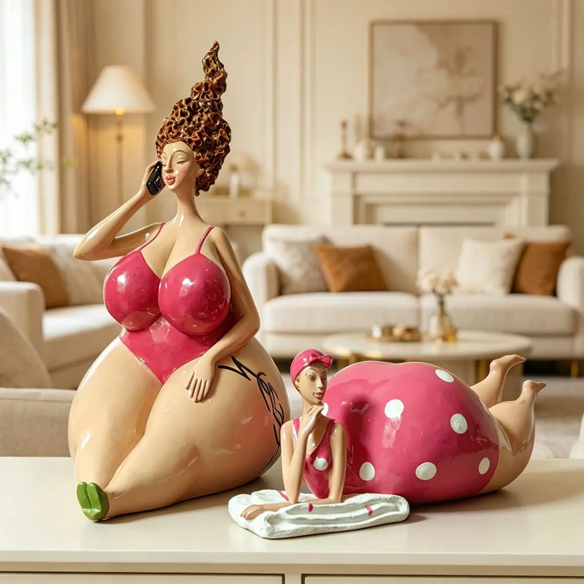 Harzfigur Set Übergewichtige Frau im Bikini Abstrakte Mollige Dame Statue Moderne Charakterfigur Tischdekoration Strand-Stil Ornament – Detail 7