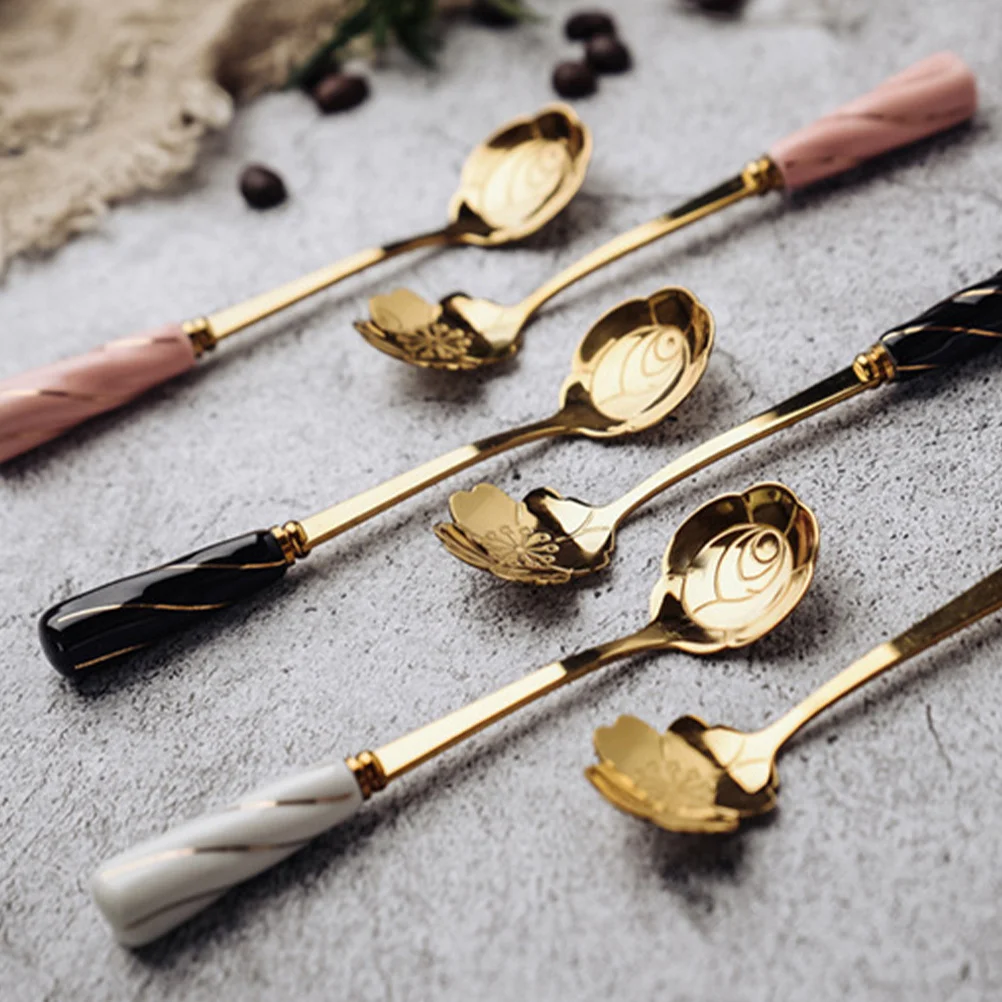 

4Pcs Flower-Shaped Ceramic Handle Coffee Spoon Dessert Ice Cream Scoop Multipurpose Kitchen Cutlery Practical Household