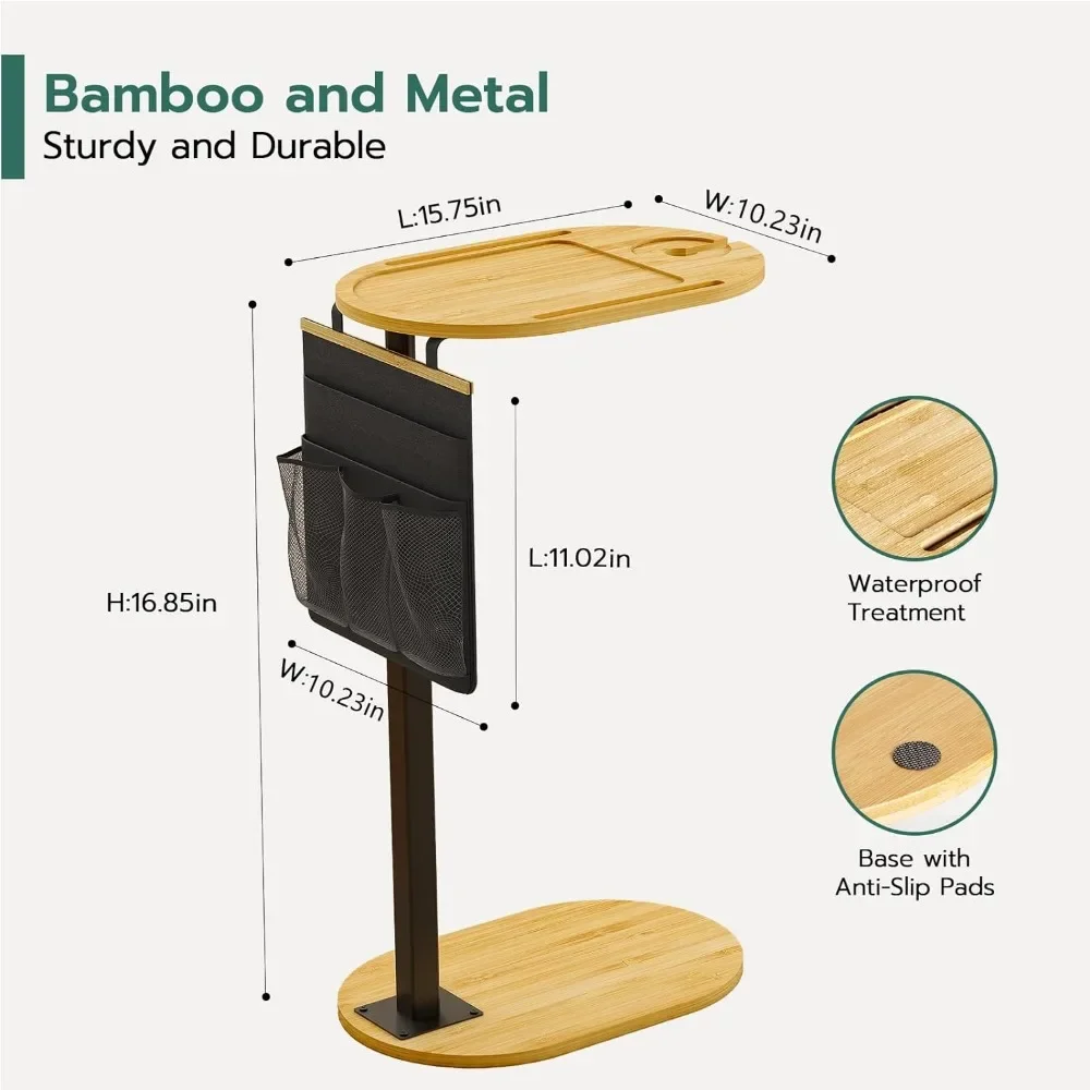 Couch Side Table with Adjustable Heights, Bamboo Sofa Tray Table with Storage Pocket, Liftable Couch Arm Tray Table