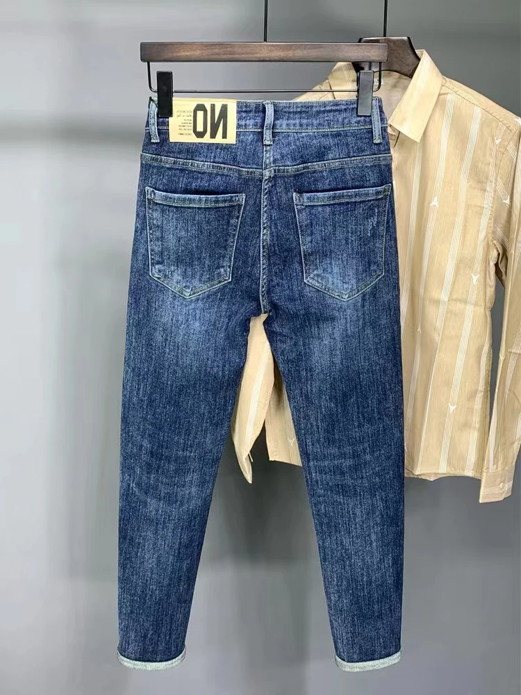 

Весенне-осенние мужские облегающие синие джинсы, модные брендовые повседневные хлопковые эластичные джинсы в стиле ретро Haome с девятью очками