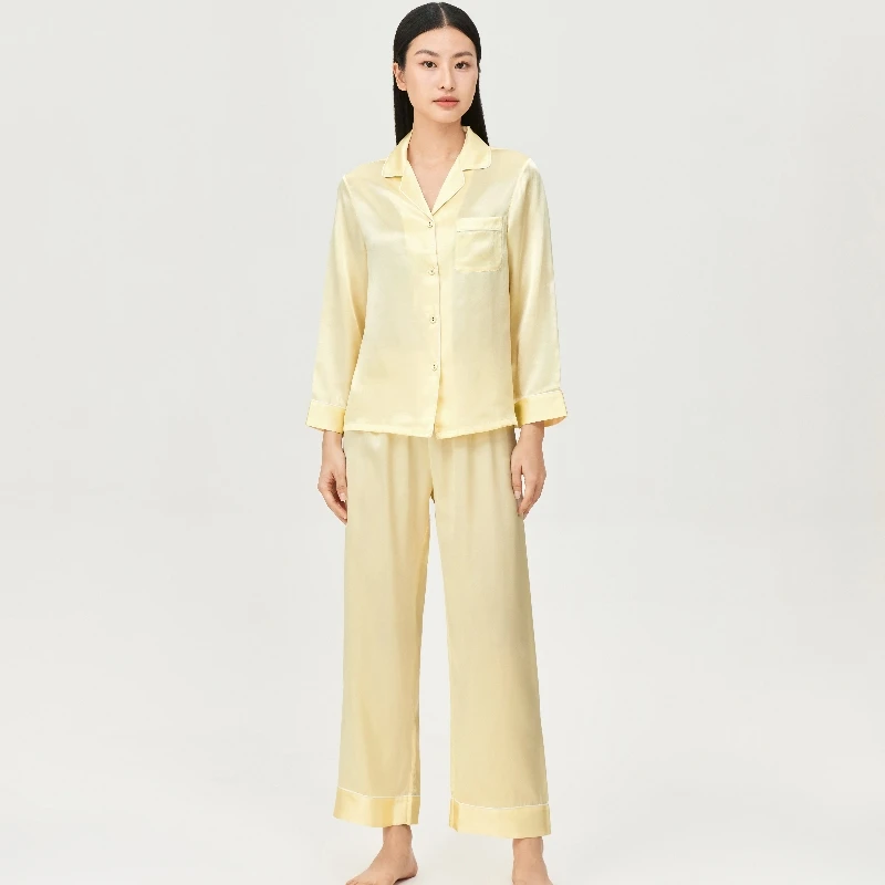 

6A Grade 100% Mulberry Silk Women's Long Sleeve Buttons Lapel Top With Pants 2 Piece Pajamas Set Solid Color Autumn Lounge Sets