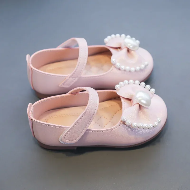 Baby Girls Leather Shoes Kids Flats Children Casual Flats Bow-knot Princess Sweet 2024 Spring Brand New Soft Rhinestone Pearls