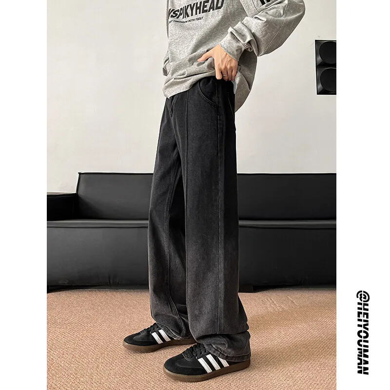 الوردي فضفاض الجينز الرجال موضة ريترو التدرج الأسود الجينز الرجال الشارع الشهير الهيب هوب فضفاض مستقيم الجينز رجالي خمر سراويل جينز