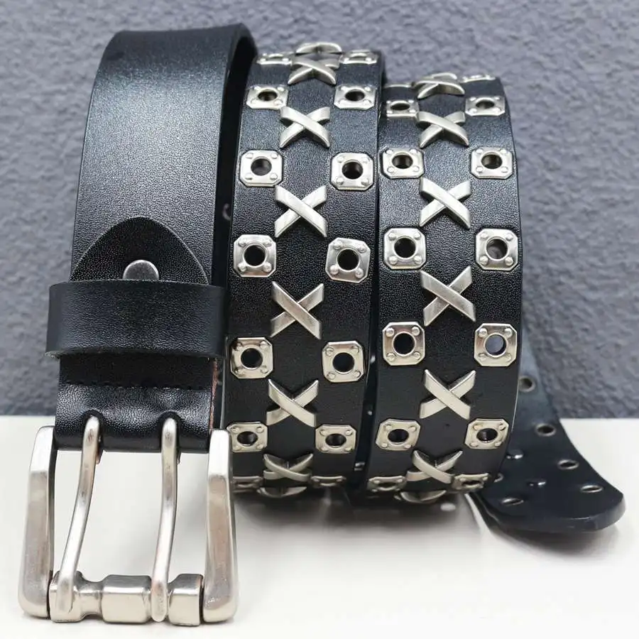 Leather Belts for Men Classic Double Row Hole Belt Universal Hollowed Out Belt Jeans Men's Leather Double Prong Belt