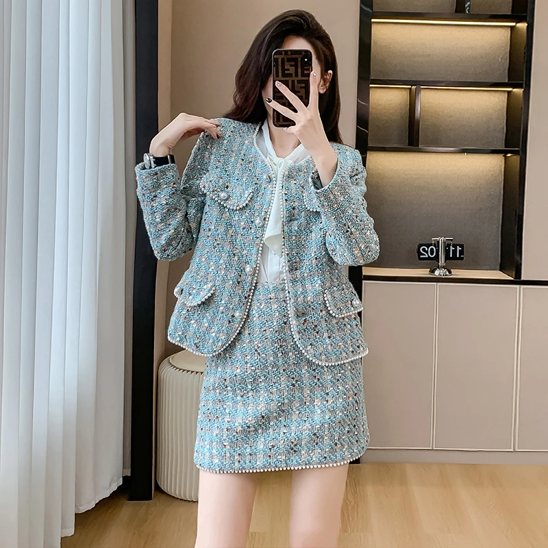 Autumn Winter High Quality New Blue Tweed Two-Piece Set Women Beaded Short Jacket + Mini Skirt Elegant Temperament Chic Suits