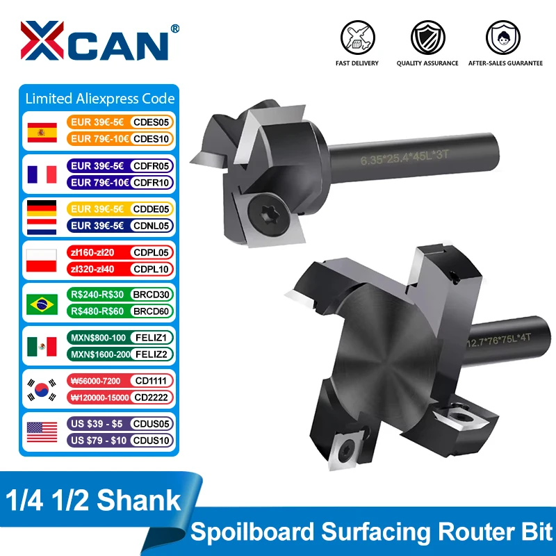 XCAN Wood Planer Bit 4 Flute 1/4 1/2 Shank Spoilboard Surfacing Router Bit With Carbide Insert Slab Wood Milling Cutter