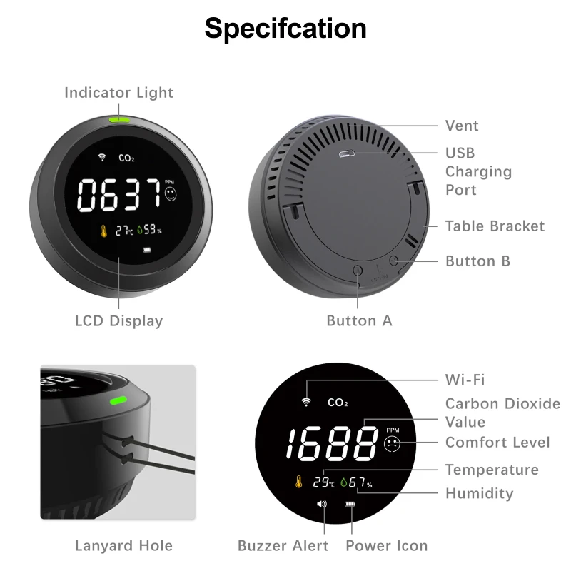 Smart CO2 Detector, WiFi Carbon Dioxide Monitor with LCD Display, Indoor Air Quality Meter, 3-in-1 Sensor TH/RH/CO2 Air quality