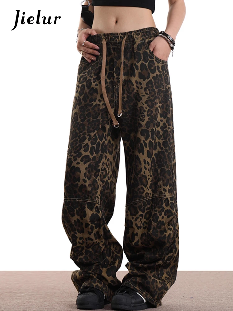 Pantaloni da donna leopardati autunno classico con coulisse pantaloni femminili casual semplici larghi a vita alta moda vintage a tutta lunghezza americana