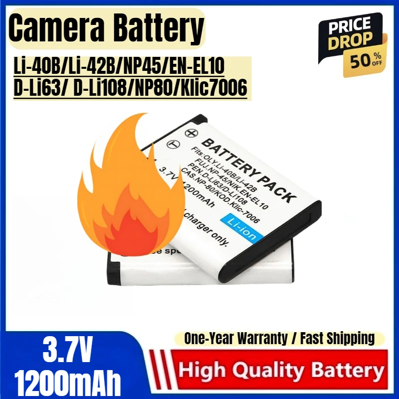 

Li-40B/Li-42B/NP45/EN-EL10/D-Li63/D-Li108/NP80/Klic7006 Battery 3.7V 1200mAh Rechargeable Batteries and Charger Camera Battery
