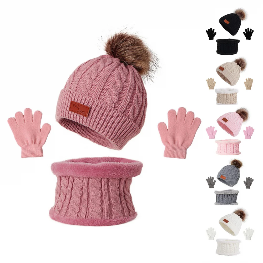 

3PCS Kids Hat Scarf Gloves Set Kids Winter Beanie Scarf Gloves Set with Knit Thick Warm Fleece Lined for 1-5 Years Girls Boys