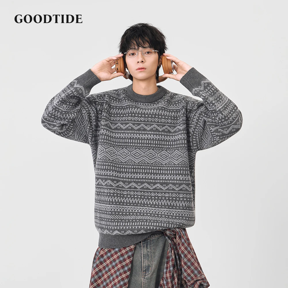 Fashion Men's Casual Crew Neck Sweater 2025 Winter New Ethnic Pattern Knitted Pullover Comfortable Soft Long Sleeve Jumper Top