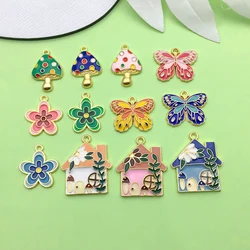 10/12pcs Enamel Mushroom House Flowers Butterfly Charms Alloy Colorful Fairy Tale Pendants for DIY Jewelry Making Accessories