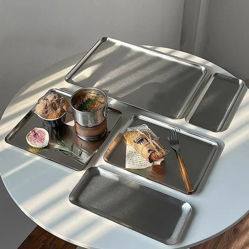 Paleta de cafetería Rectangular de acero inoxidable nórdico, disco de almacenamiento, red para aperitivos, pastel, plato de postre, bandeja para platos de cocina