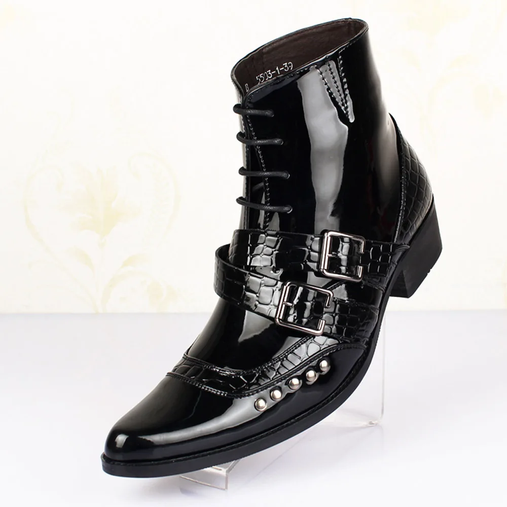 New Fashion Pointed Toe Men Black Ankle Boot Trending Buckle Patent Leather Chains Charm Party Show Zapatos Men\'s Loafers Casual