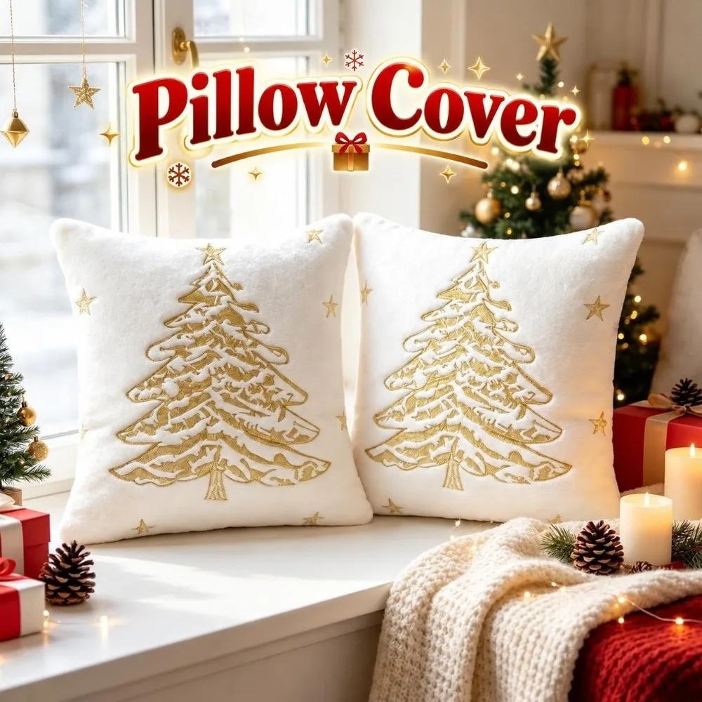 New 45x45cm Throw Pillow Cover Embroidery Soft Plushie Pillow Case Christmas Tree Cozy Autumn Pillowcase Christmas Decor