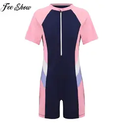 Kids Girls One-piece Swimsuit Short Sleeve Zipper Jumpsuit Surfing Bathing Suit Sport Swimwear Pool Beach Rash Guard