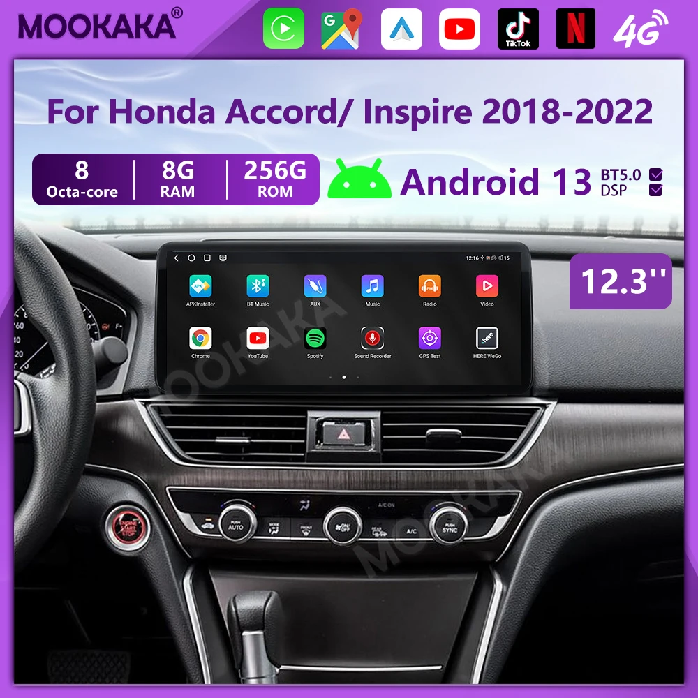 Autoradio ultrasottile per Honda Accord Inspire 2018-2022 Lettore multimediale Schermo GPS Android13 Navigazione CarPlay Auto Carplay