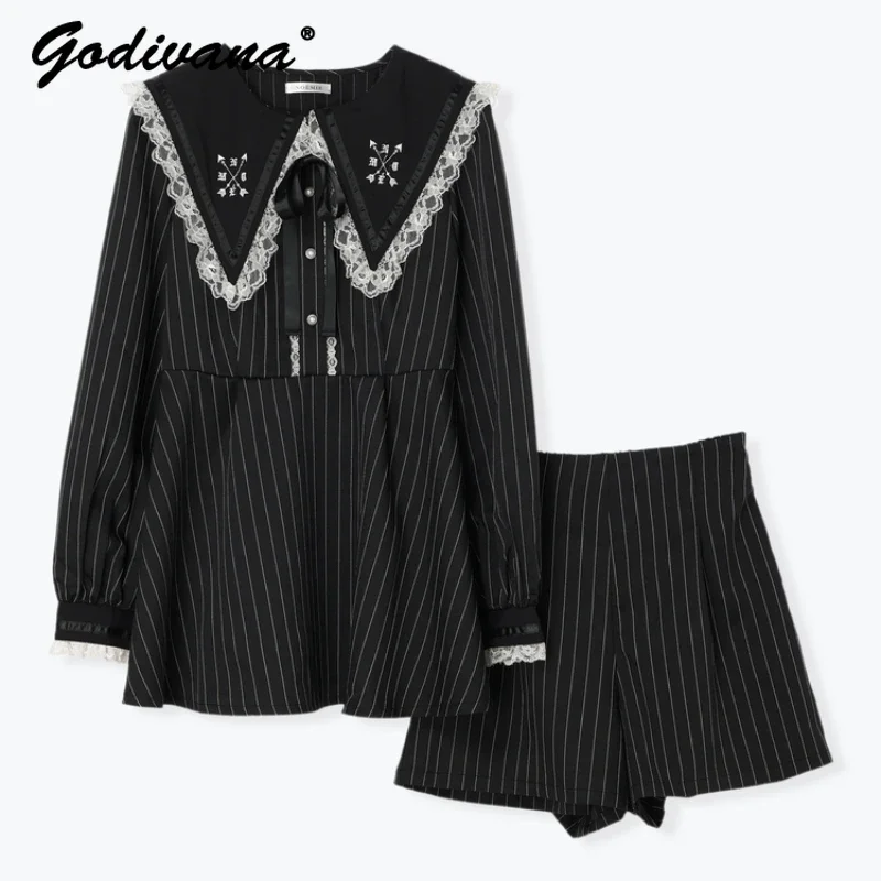 Japanese Style New Autumn Mine Sailor Collar Embroidered Lace Long-Sleeved Striped Shirt and Shorts Fashion 2 Piece Suit Outfits