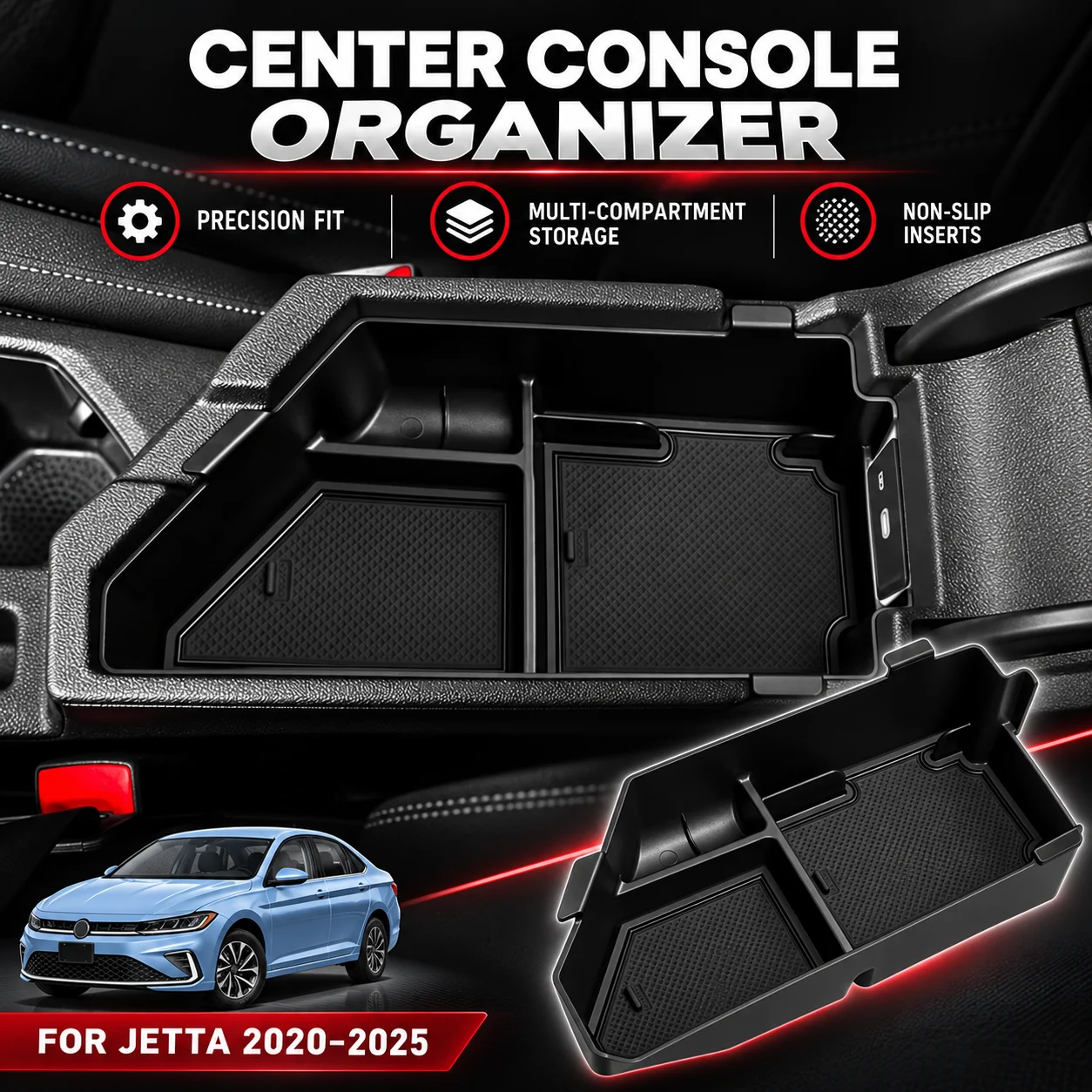 Black Armrest Storage Tray Organizer for VW Volkswagen Jetta 2020-2025, Smabee Central Console Box Car Interior Accessory