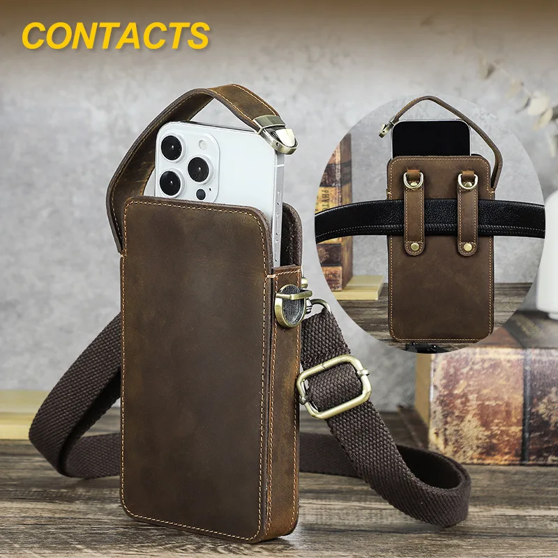 Retro Wild Horse Leather Men's Small Shoulder Bag with Metal Lock for Mobile Phone and Waist Wallet