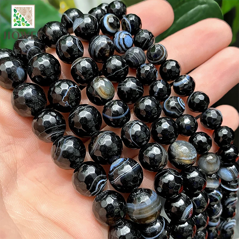 4/6/8/10/12mm Faceted Striped Black Agates Onyx Round Loose Beads For Natural handmade Jewelry Making DIY Bracelet 15'' Strand