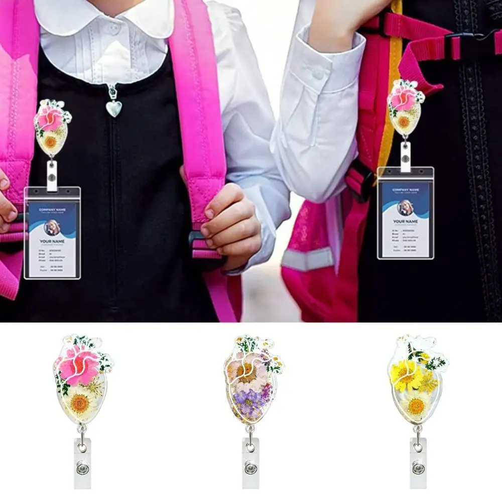 

Stretchable Heart Badge Clip Fall-proof with Back Clip Daisies Pattern Badge Clip Cartoon Work Card Clip Retractable Badge Reel