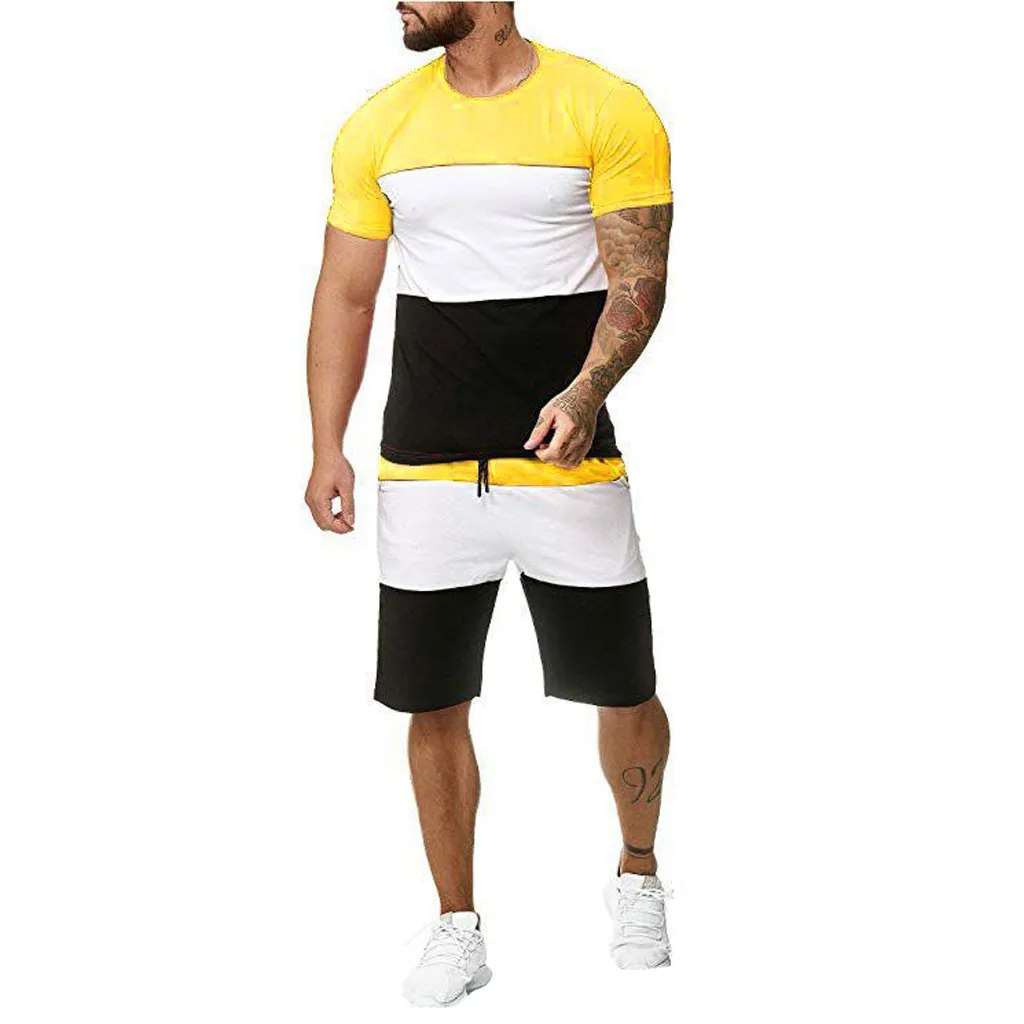 

Men'S Suit Yellow, White And Black Contrast Stitching Suit Men'S Trendy Suit Sports Casual Short-Sleeved Shorts Fashion Fitness