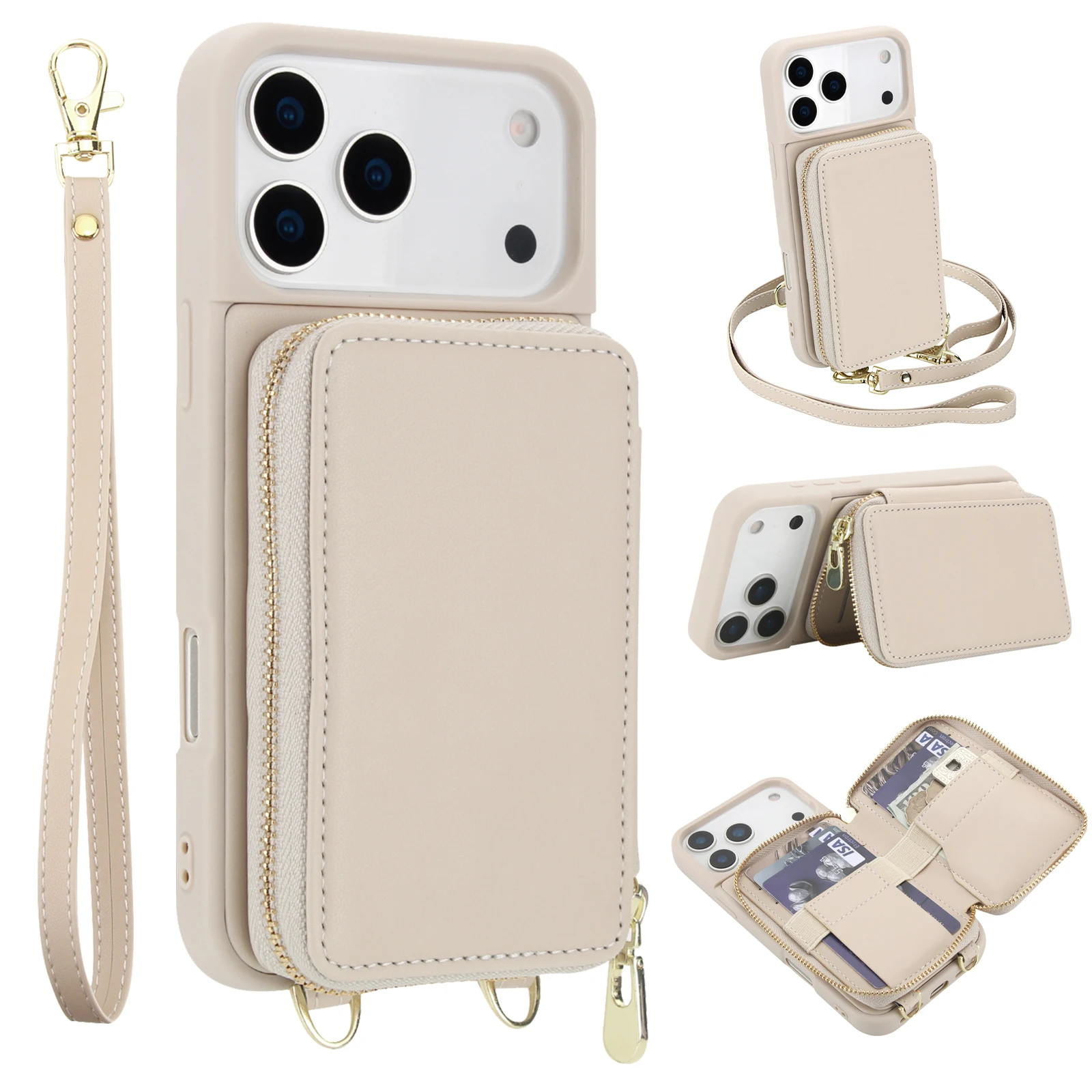 

Crossbody Zipper Card Slot Wallet Flip Leather Phone Case For iPhone 17 Pro Max 16 Plus 15 14 13 12 11 RFID Pocket Strap Cover