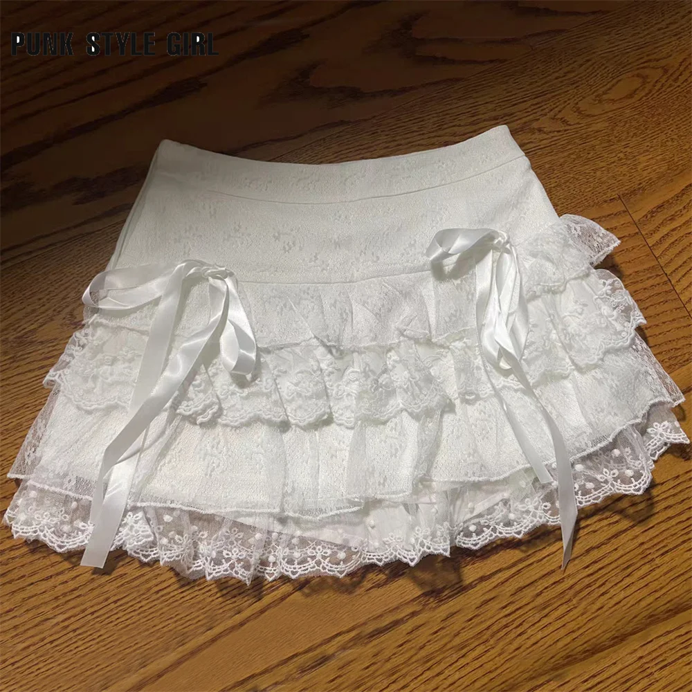 

High Waist Mesh Cutecore White Lace Cake Mini Skirt Japanese Style Preppy Style Bowknot Lolita Pumpkin Vintage Victorian Skirts