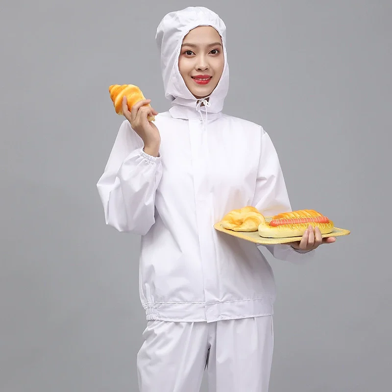 Workshop work clothes, white hooded long sleeved workwear, pharmaceutical and food factory work protective clothing