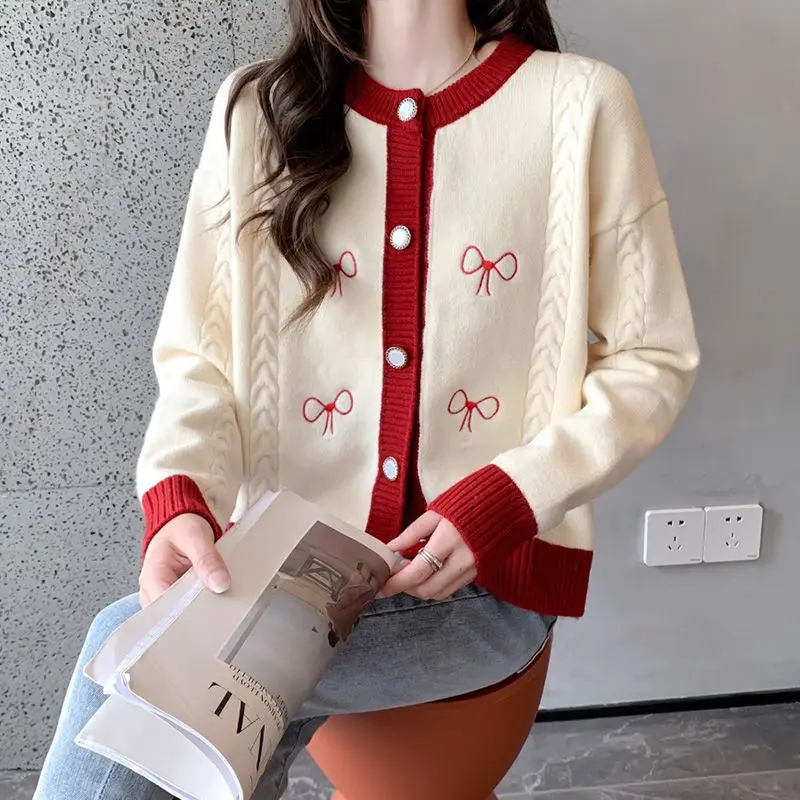 Women Autumn Winter Fashion Loose Bow O-neck Long Sleeve Knitwear Women Clothes Simplicity All-match Knitting Cardigan Coat Tops