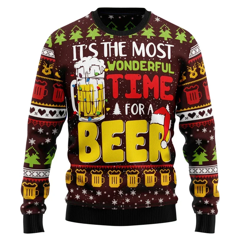 2024 Beer Lovers Ugly Christmas Sweater For Men 3d Printed Xmas Pullover Hoodies New Year Men Kids Long Sleeve Loose Sweaters