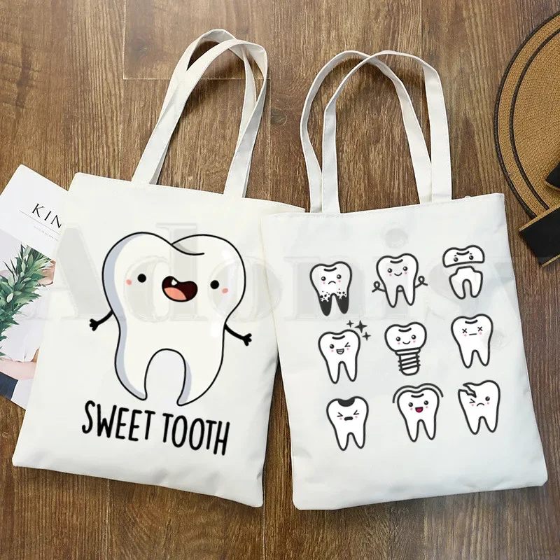 Tooth and Dentist Graphic Aesthetic Funny Fashion Handbags Shoulder Bags Casual Shopping Girls Handbag Women Elegant Canvas Bag