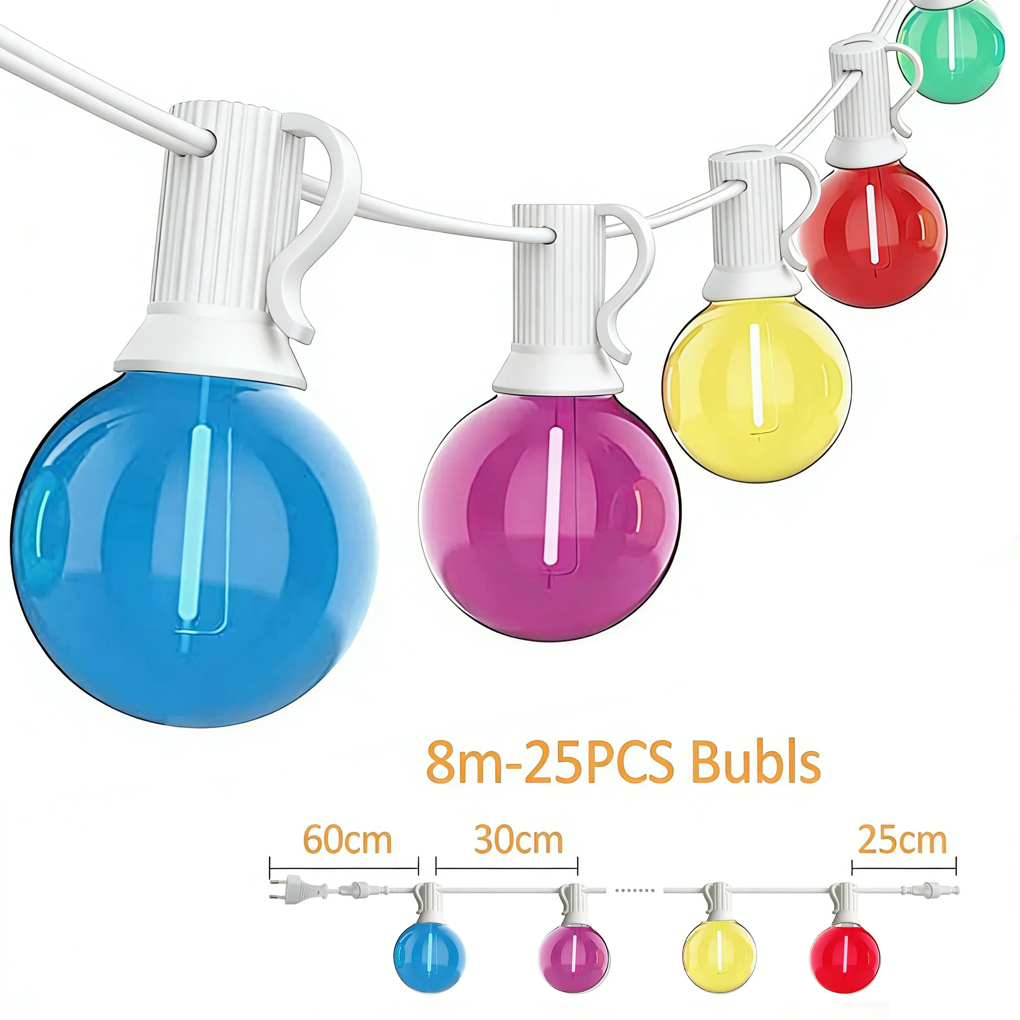 25+1 G40 Bulb String Lights, 8M Length, 5colors, IP44 Waterproof, Connectable up to 15 Units for Outdoor Garden and Party Decor