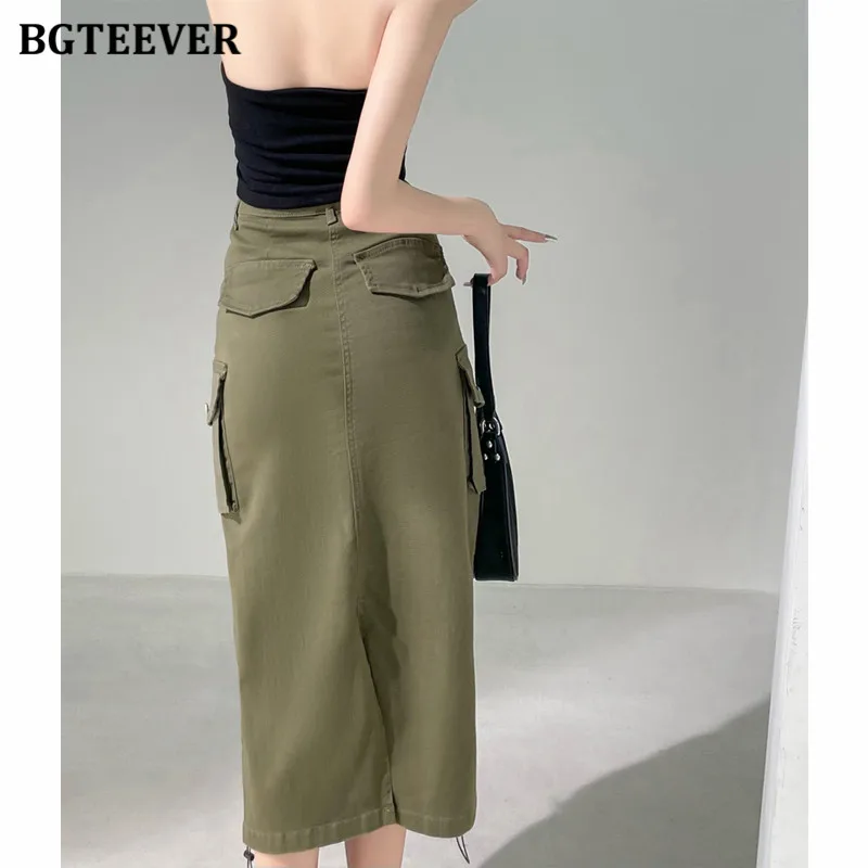 BGTEEVER Vintage High Waist Drawstring Cargo Skirts for Women Streetwear Loose Pockets Female Long Denim Skrits