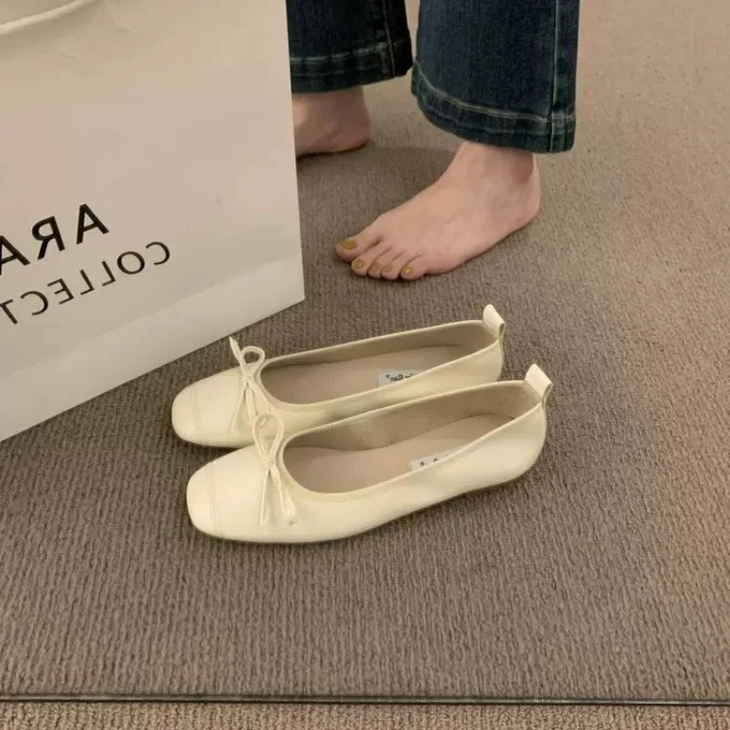 New Style Fashion Women's Ballet Flats Silver Slip on Leather Shoes Bowtie Boat Shoes Gold Soft Ladies Shoes Zapatos Mujer