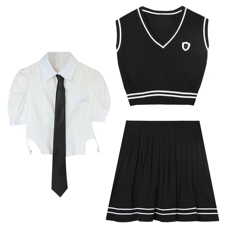 2022 Japanese School Uniform Three Piece Set College High School Girls Student Uniforms Sailor Suit White Top Vest Pleated Skirt