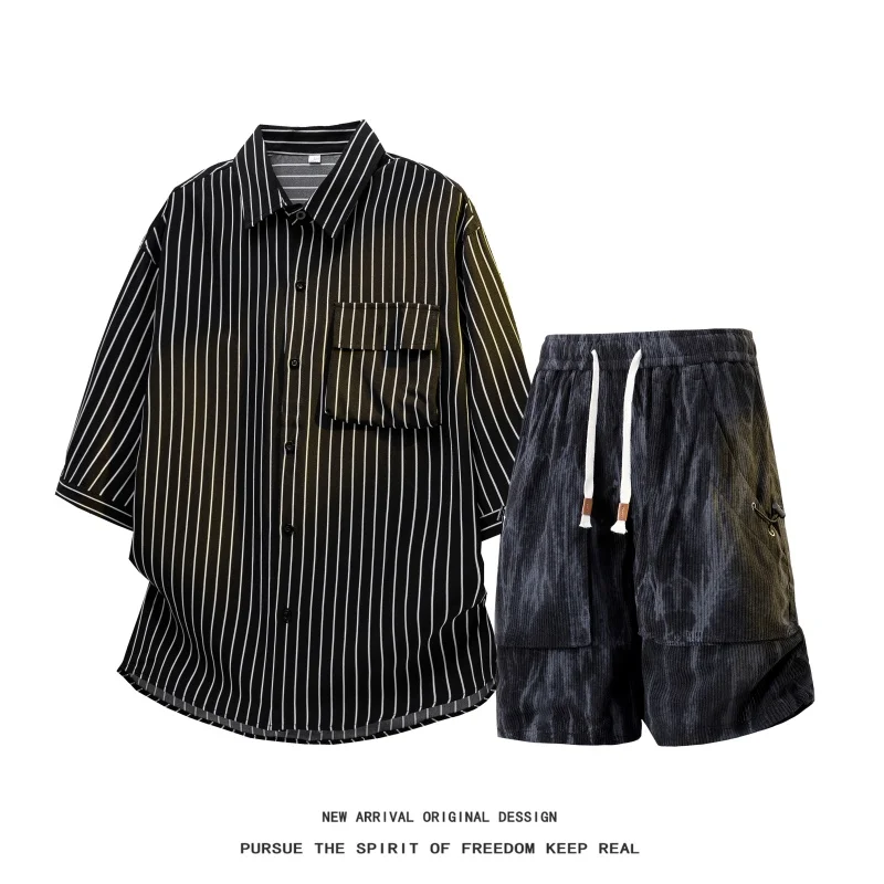 【Shirt + Shorts】Men's Shirt Set Summer Fashion Ice Silk Striped Shirt Tie-Dye 5-point Pants Daily Casual Leisure 2-Piece Outfit - view 3