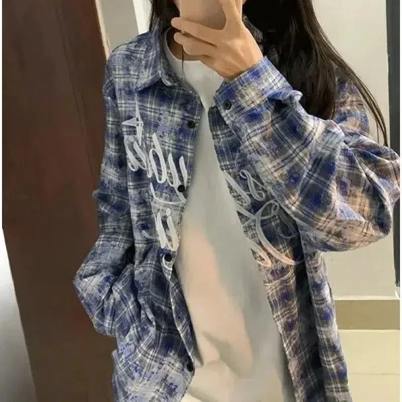 Letter Printing Long Sleeve Turn-down Collar Plaid Contrast Color Button Up Cardigan Shirt Coats Casual Office Lady Chic Tops