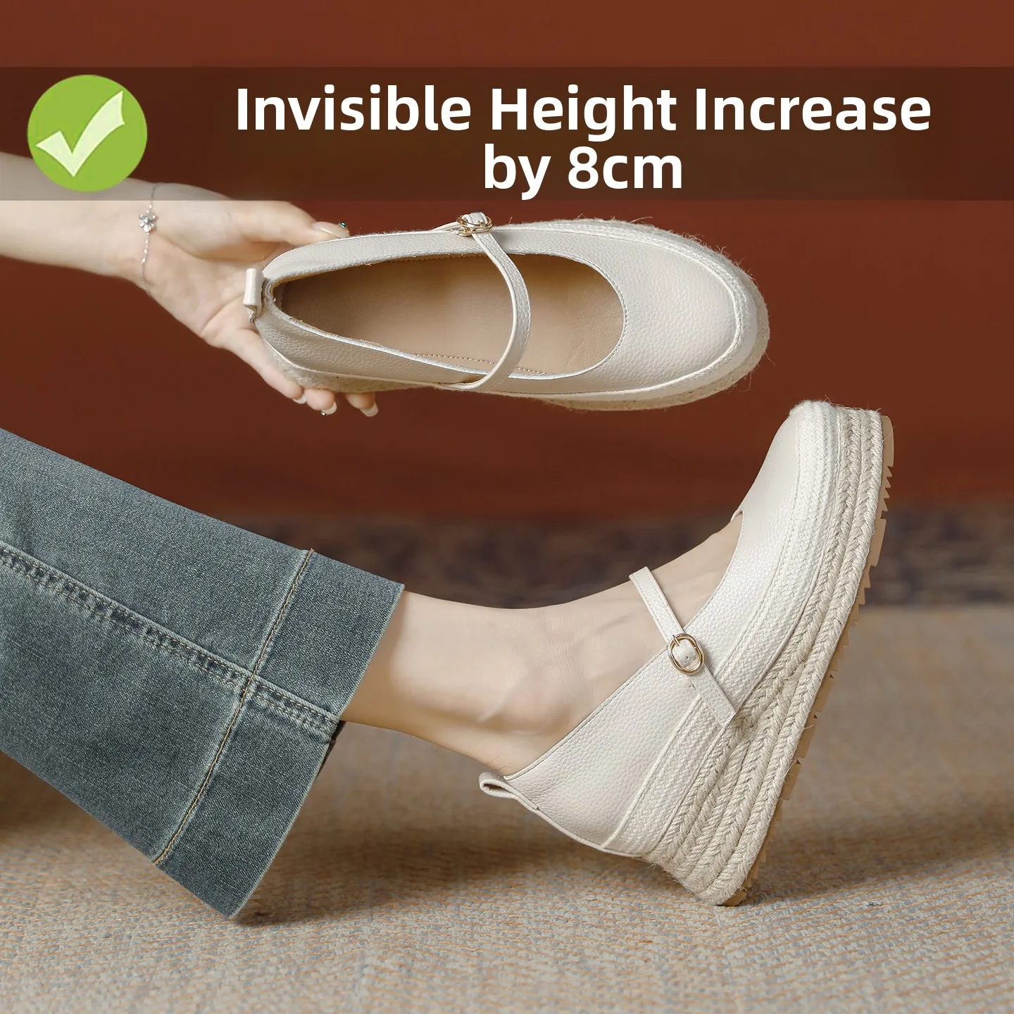 

Casual Style Sheepskin Mary Jane Shoes Women's Thick Bottom Platform Slip-On Fashionable Flat Heel Leather Casual Shoes